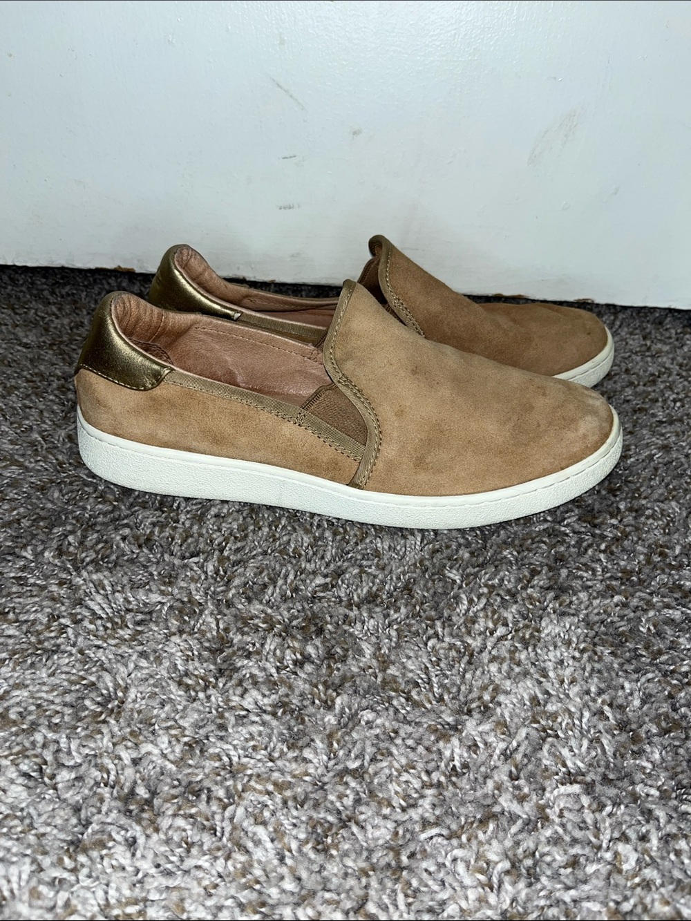 UGG Women’s Slip-On Suede Loafers in Tan with Metallic Gold shoes